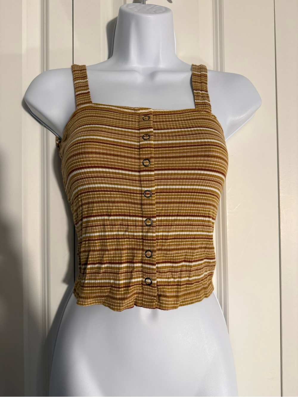 American Eagle Outfitters Striped Mustard & Cream Button-Front Ribbed Tank